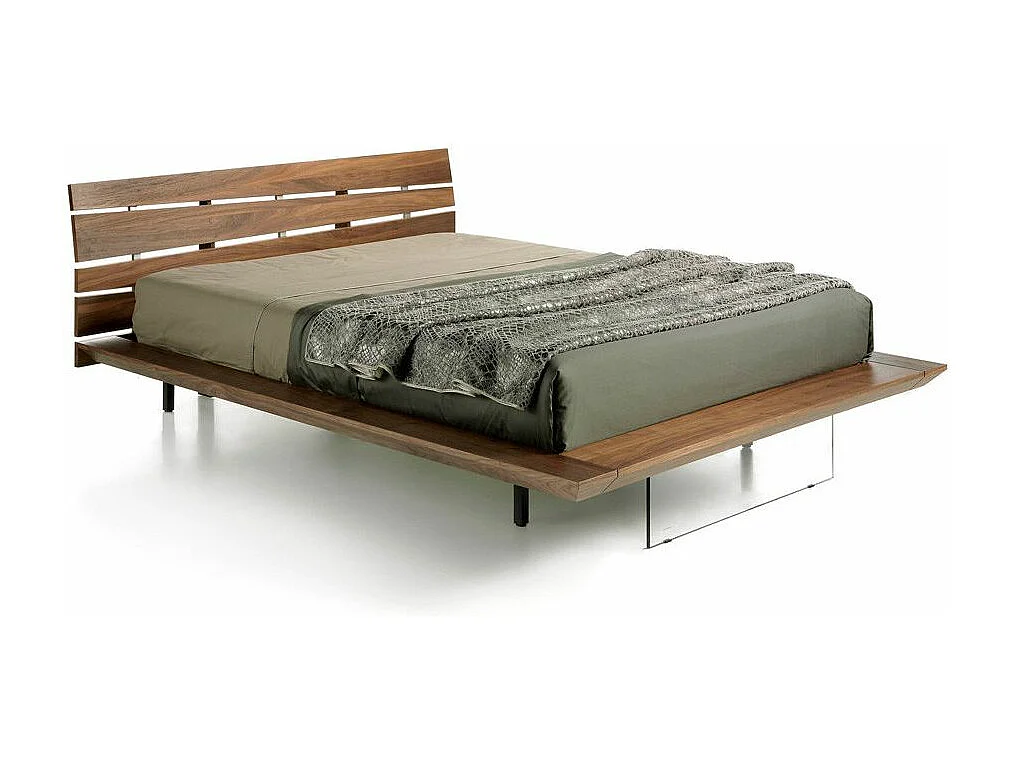Lit double 150x200 bois noyer et verre trempé Ponza