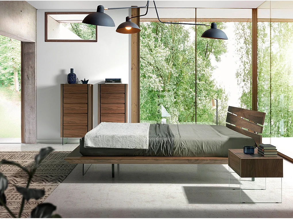 Lit double 150x200 bois noyer et verre trempé Ponza