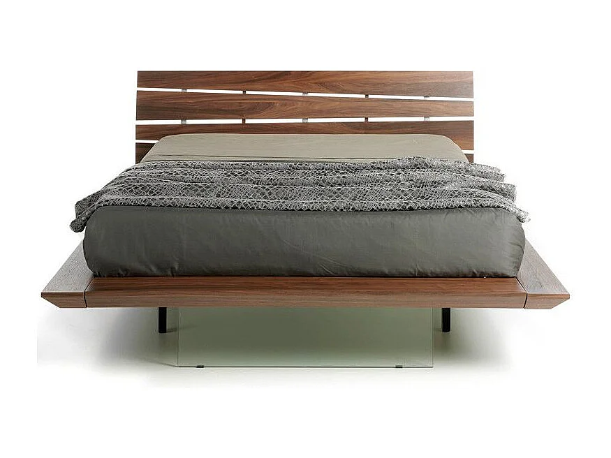 Lit double 150x200 bois noyer et verre trempé Ponza