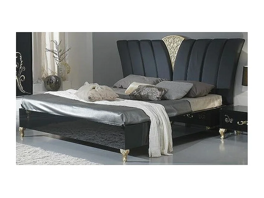 Lit design bois laqué noir et doré Jade 180x200