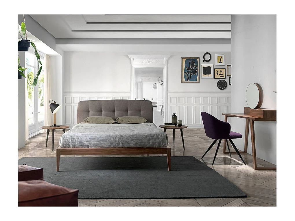 Cama de matrimonio 150x200 cm madera de nogal y cabecero símil piel Noviza-Color Crema Aqua 02