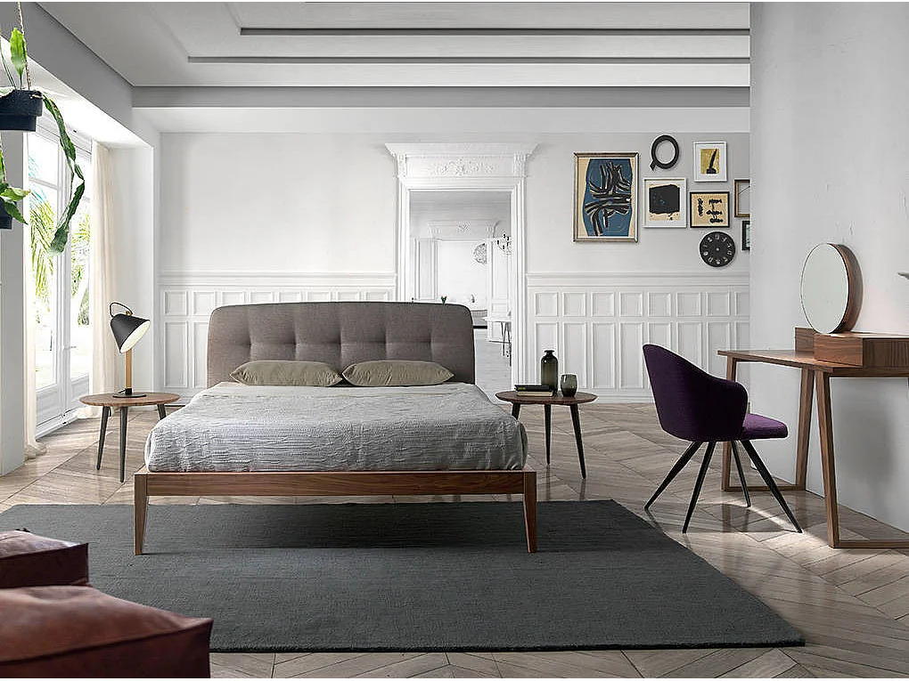 Lit double 150x200 bois noyer et tête de lit simili cuir Noviza-Couleur Aqua 68 Bleu foncé