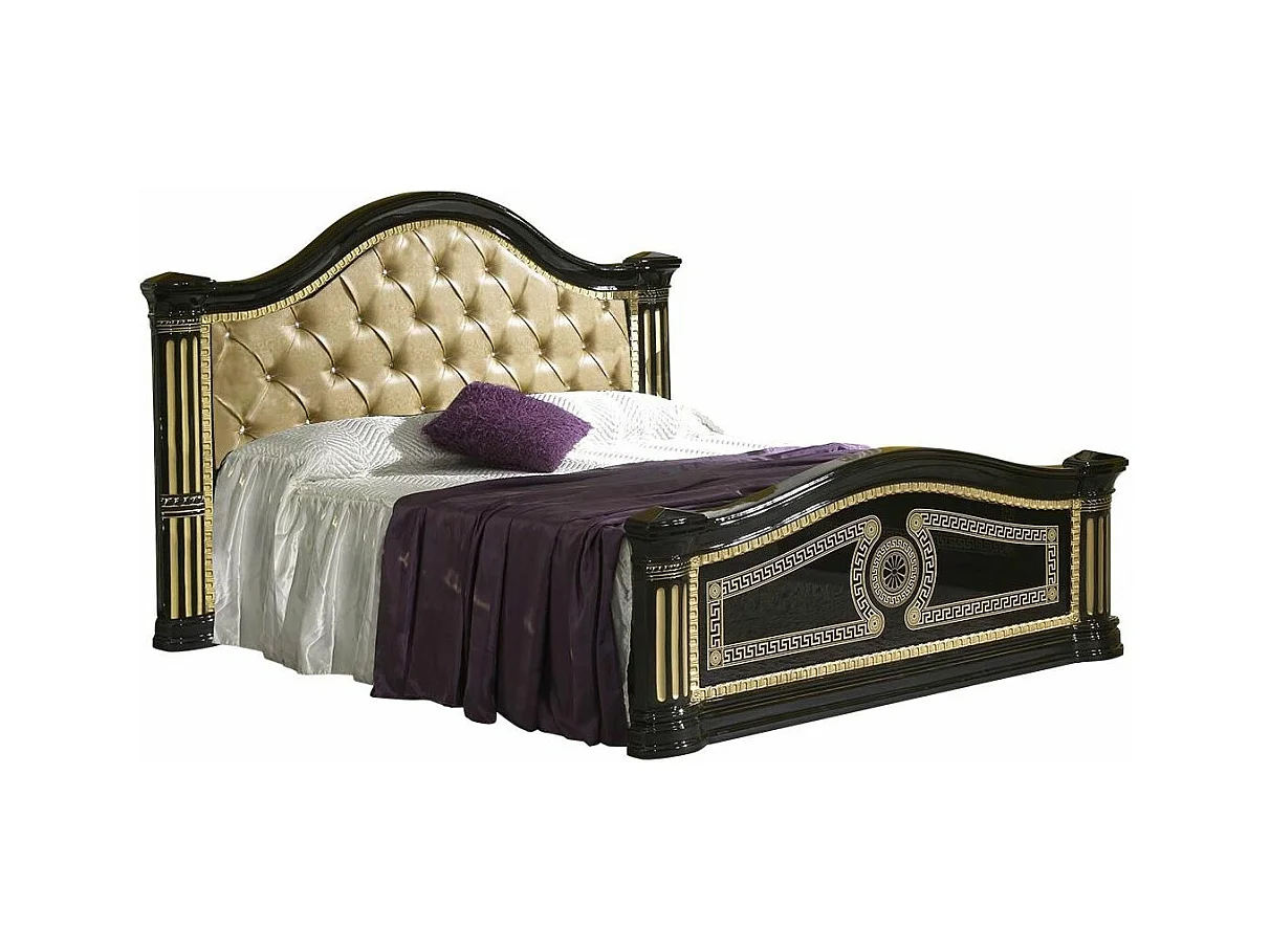 Lit design laqué noir tête de lit capitonnée simili cuir beige Savana 180x200