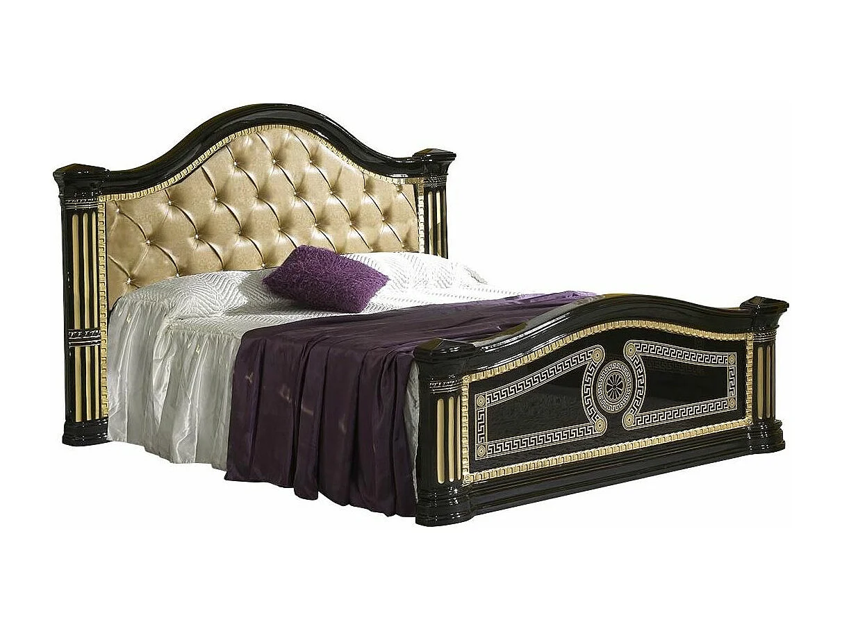 Lit design laqué noir tête de lit capitonnée simili cuir beige Savana 180x200