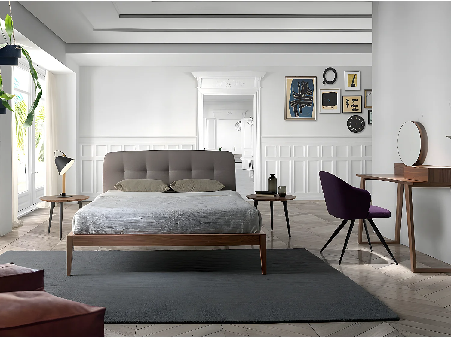 Lit double 150x200 bois noyer et tête de lit simili cuir Noviza-Couleur Aqua 61 Bleu clair