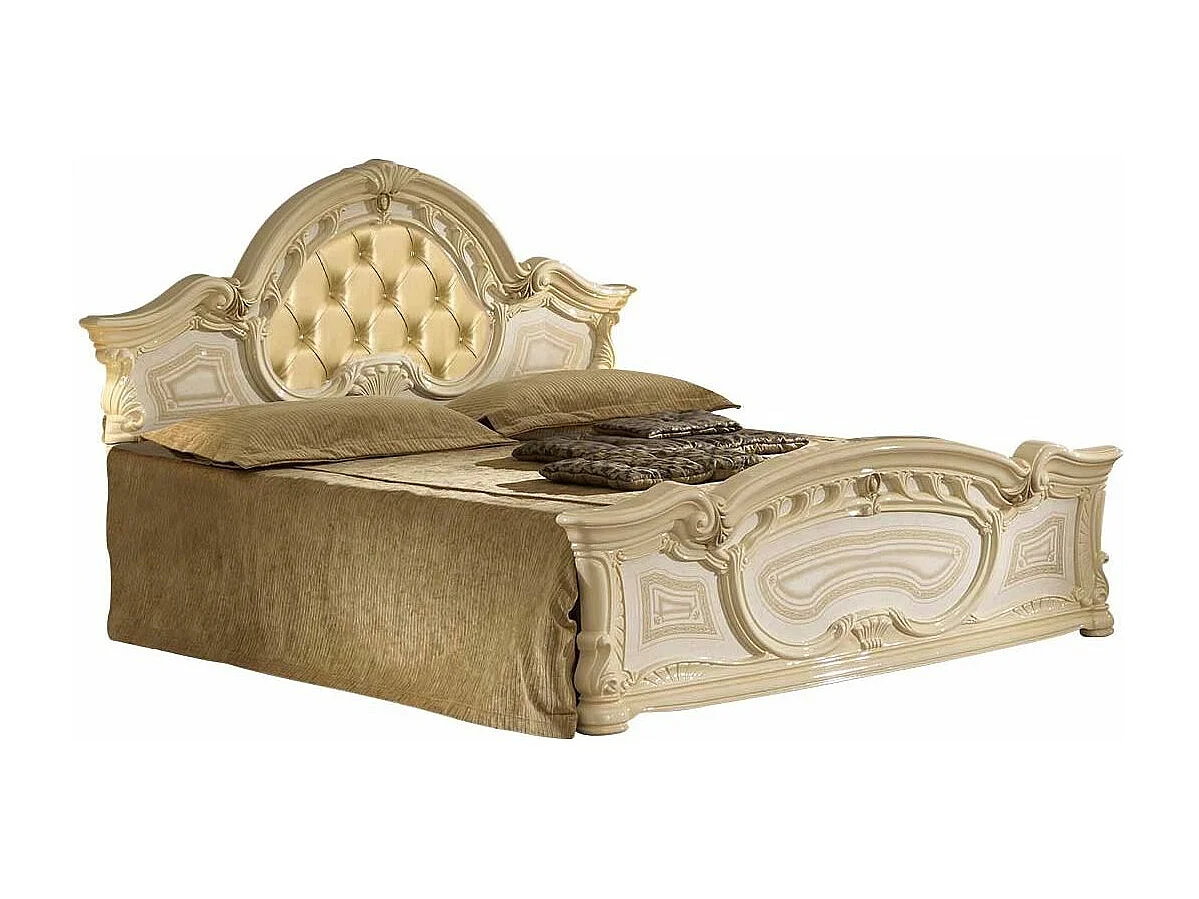 Lit adulte laqué beige tête de lit capitonnée simili cuir beige Soraya 180x200