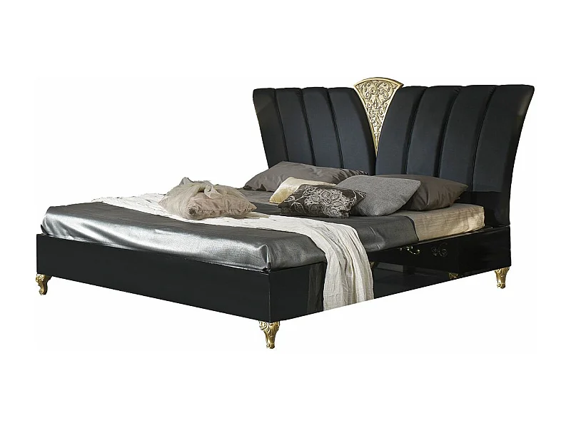 Lit design bois laqué noir et doré Jade 160x200