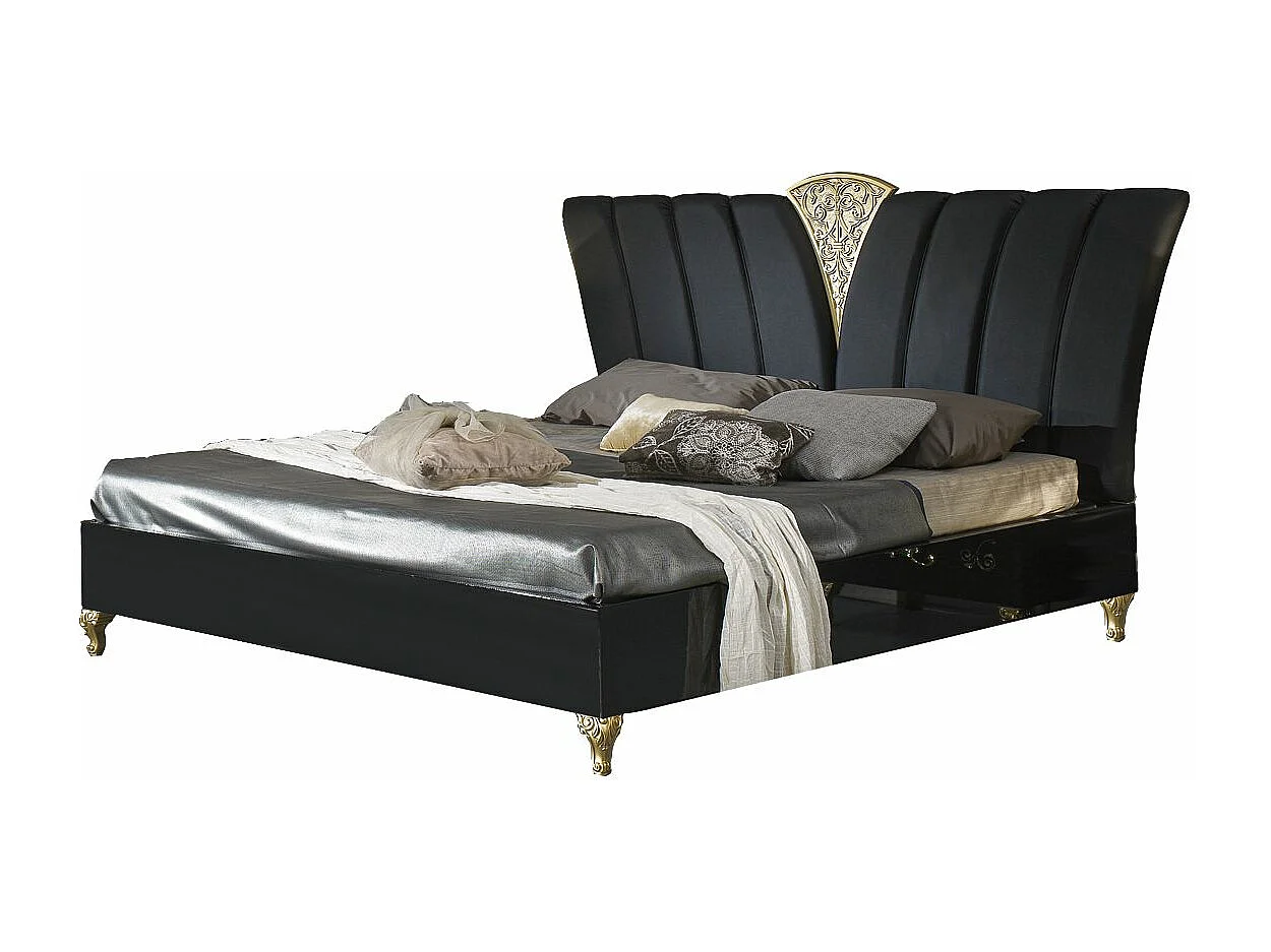 Lit design bois laqué noir et doré Jade 160x200