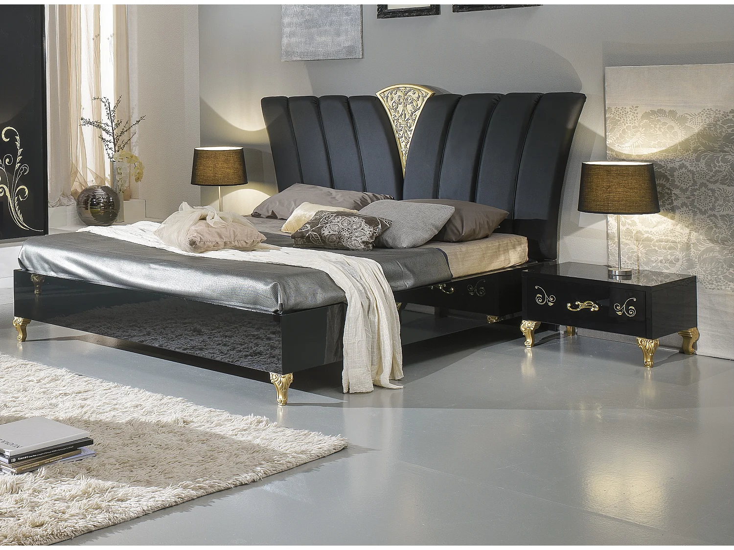 Lit design bois laqué noir et doré Jade 160x200