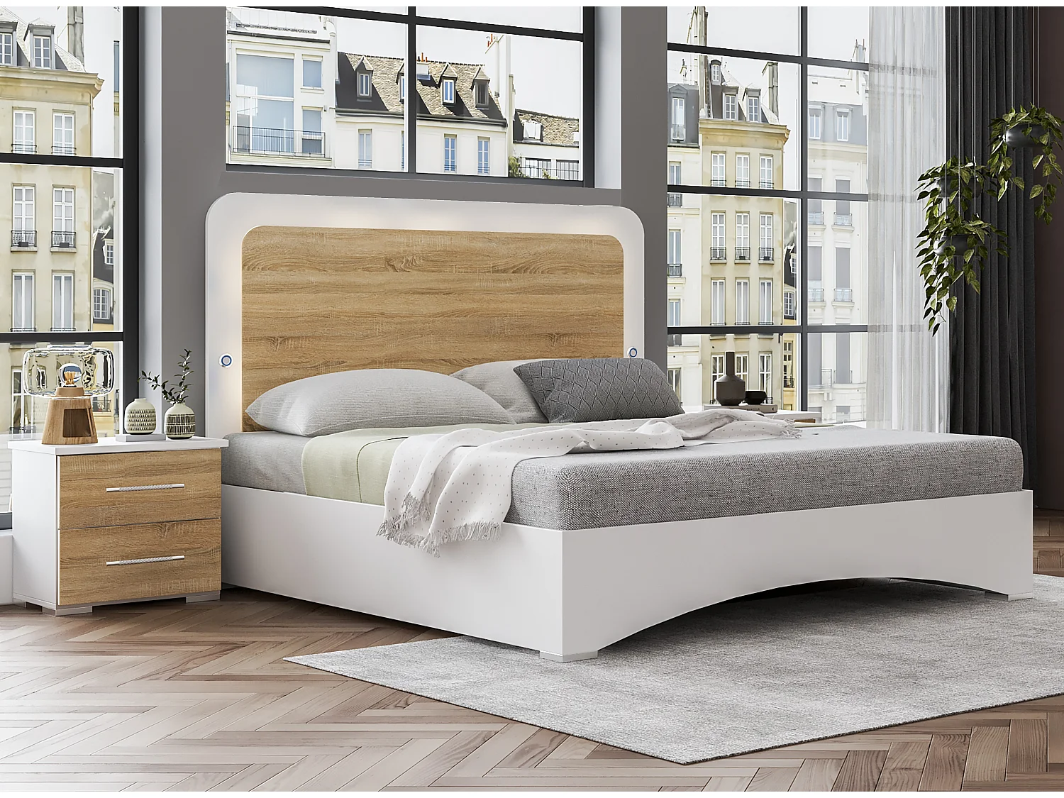 Glanzend wit bed en mat natuurlijk hout met LED Dova-Slapen 140x190cm