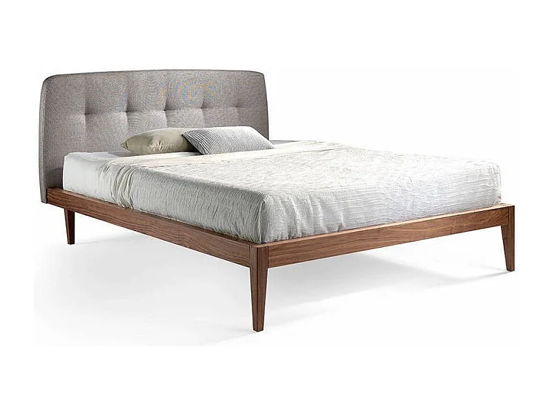 Lit double 150x200 bois noyer et tête de lit simili cuir Noviza-Couleur Aqua 04 Beige