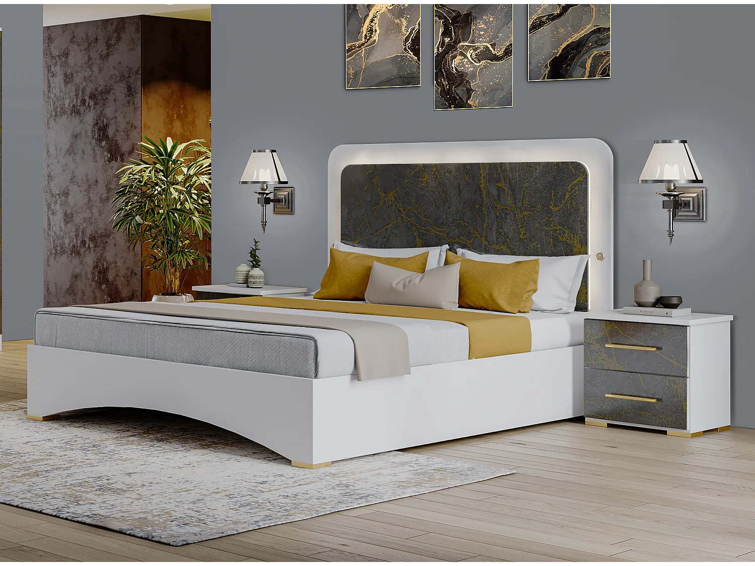 Lit blanc et gris brillant marbré doré avec Led Dova-160x200
