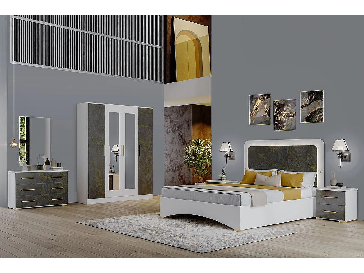 Helder wit en grijs gemarmerd goud bed met Led Dova-Slapen 160x200cm