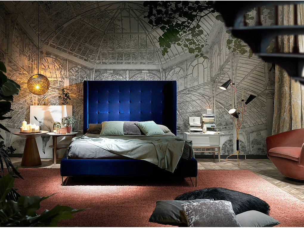 Lit double 150x200 capitonné velours bleu Loriza