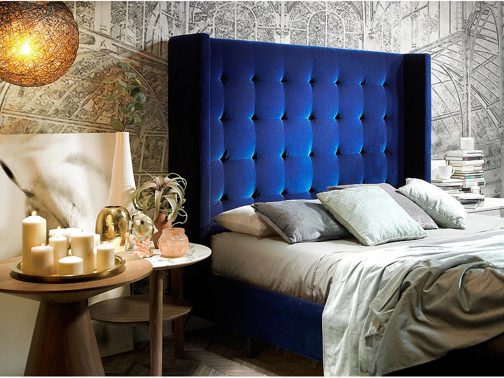 Lit double 150x200 capitonné velours bleu Loriza