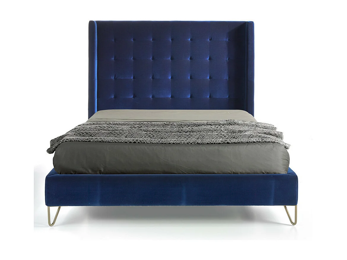 Lit double 150x200 capitonné velours bleu Loriza