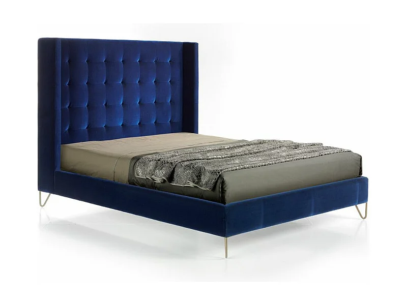 Lit double 150x200 capitonné velours bleu Loriza