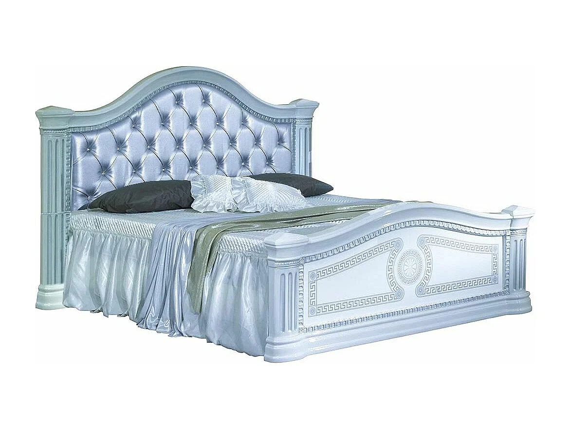 Lit design laqué blanc tête de lit capitonnée simili cuir argenté Savana 160x200