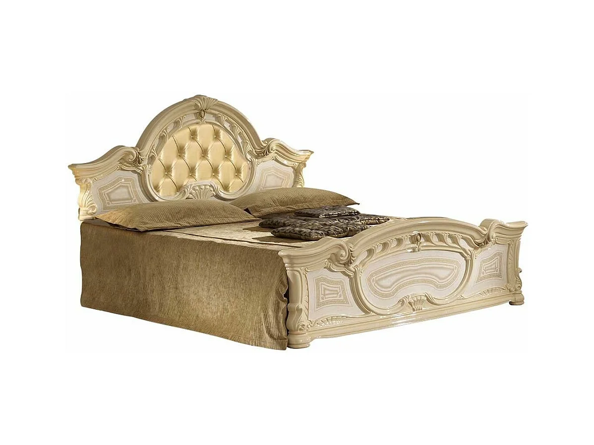 Lit adulte laqué beige tête de lit capitonnée simili cuir beige Soraya 160x200