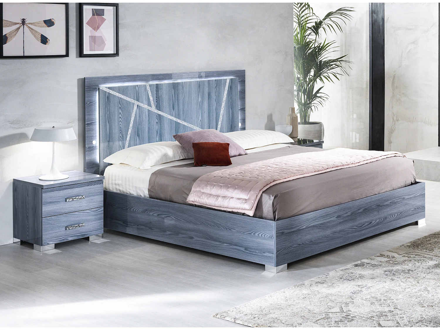 Lit adulte avec Led en bois de chêne grisé Nikoza 160cm