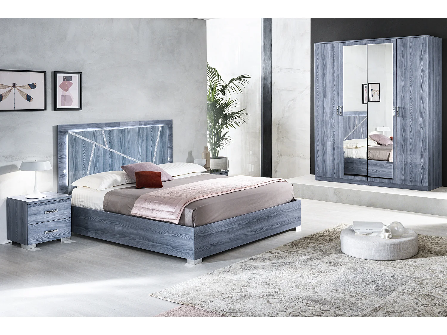 Lit adulte avec Led en bois de chêne grisé Nikoza 160cm