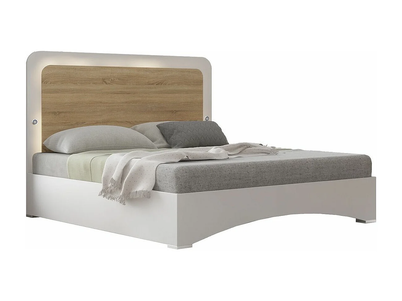 Lit blanc brillant et bois naturel mat avec Led Dova-160x200