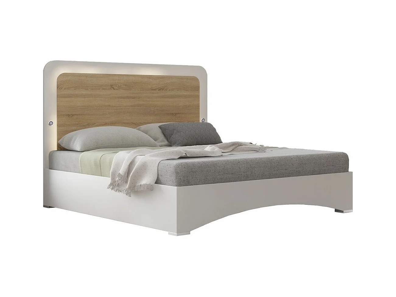 Lit blanc brillant et bois naturel mat avec Led Dova-160x200