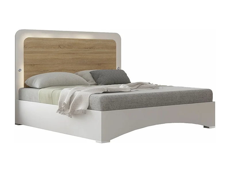 Glanzend wit bed en mat natuurlijk hout met LED Dova-Slapen 160x200cm