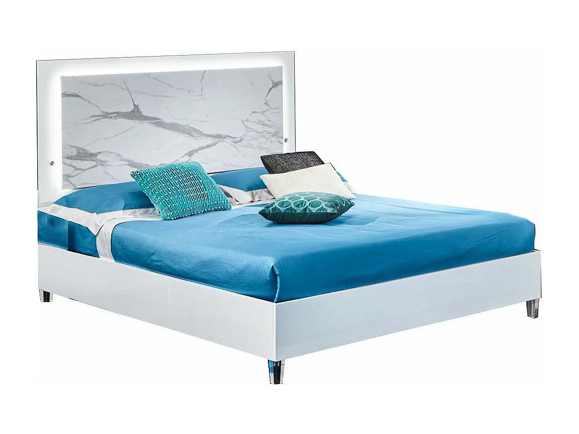 Lit adulte blanc laqué et effet marbré à Led Krystal 160x200