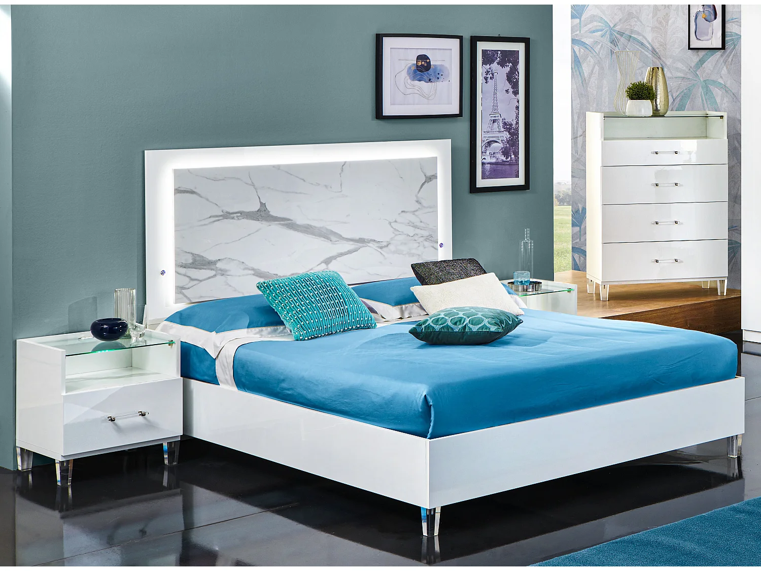 Wit gelakt volwassenenbed met marmereffect LED Krystal 160x200 cm