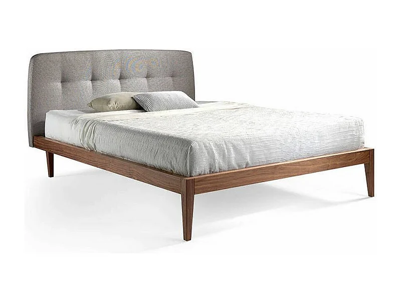 Lit double 150x200 bois noyer et tête de lit tissu Noviza-Couleur DUO 04