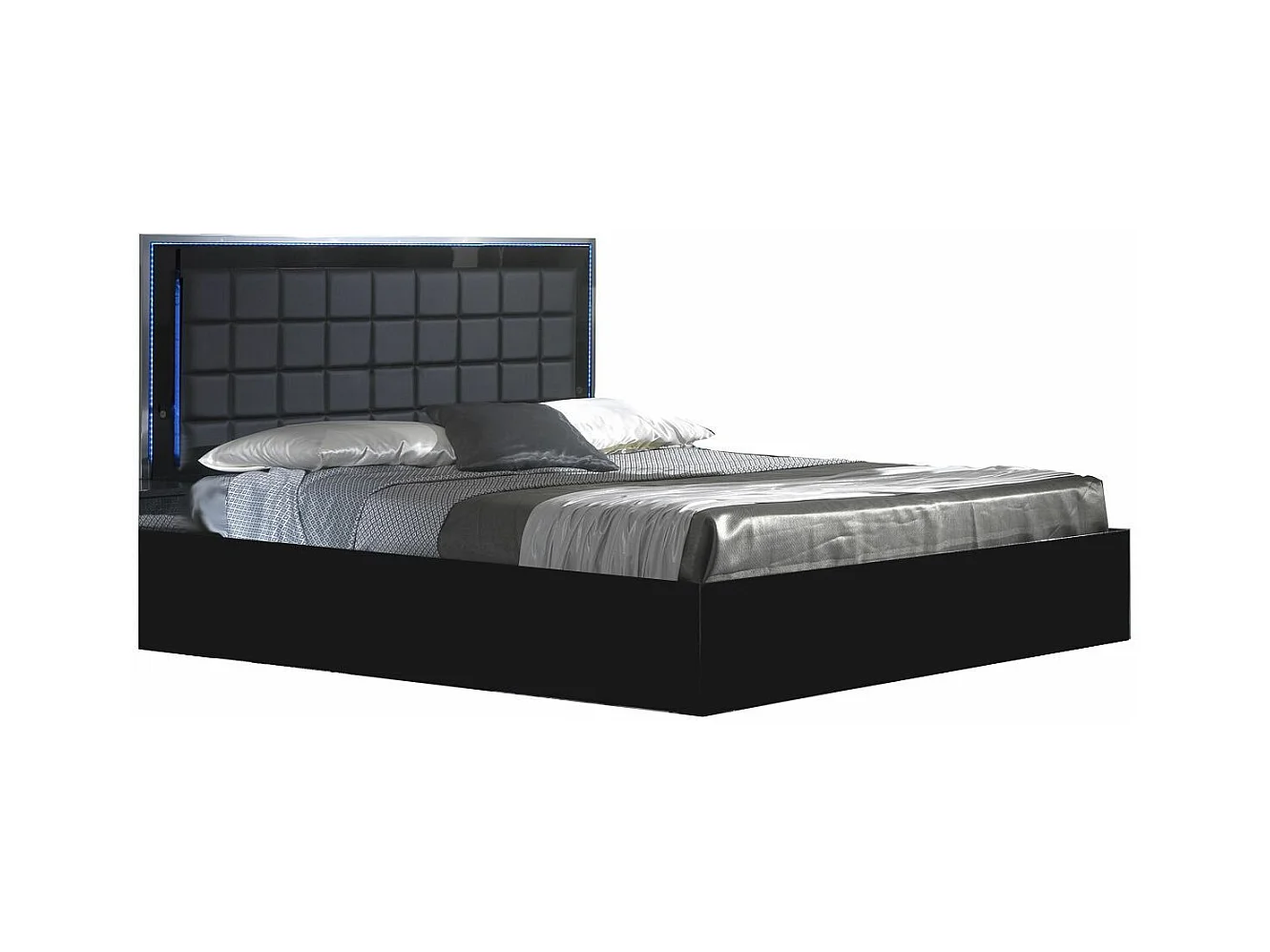 Lit design noir laqué et tête de lit capitonnée simili cuir noir avec Led Turin-140x190