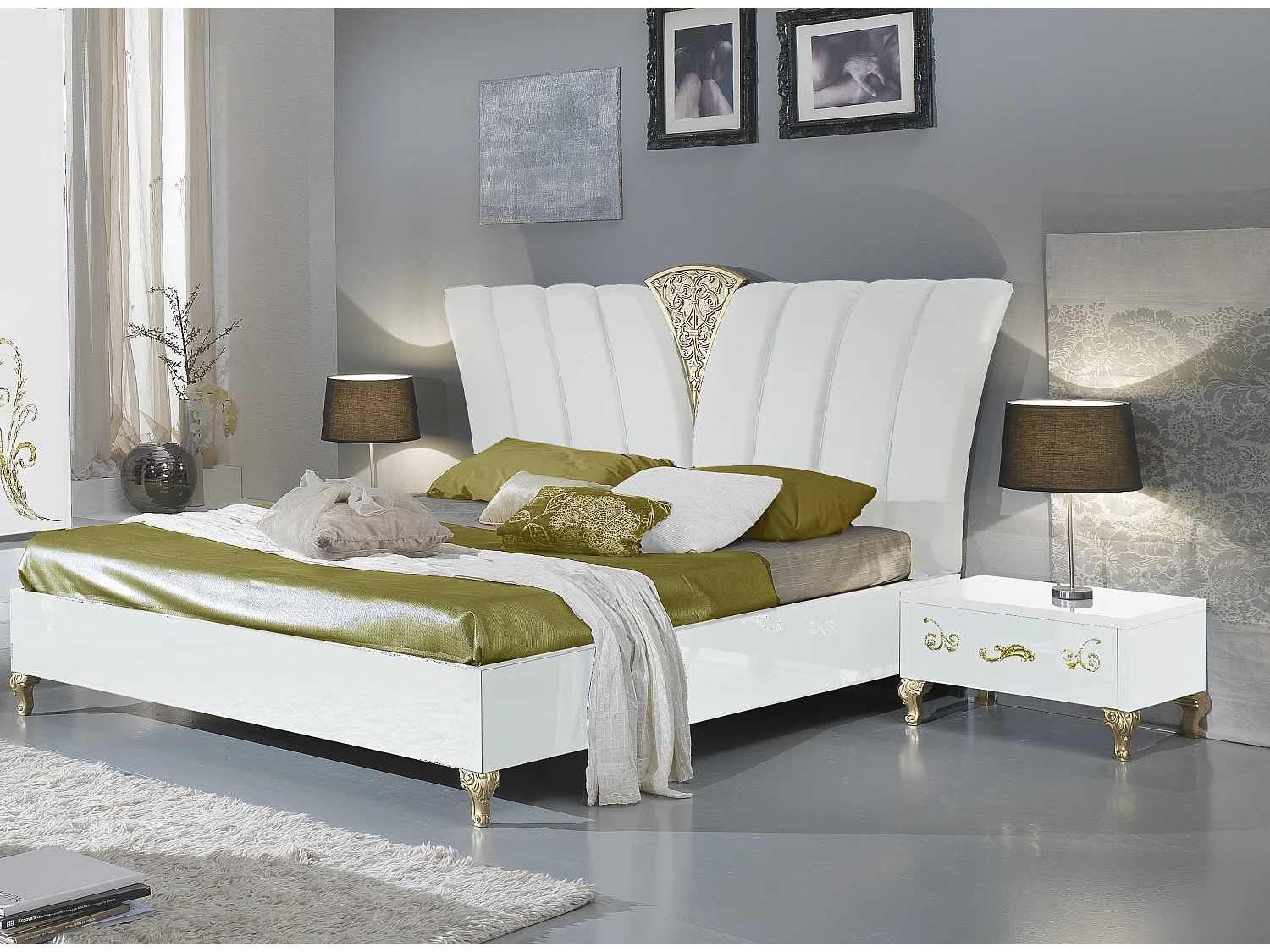 Lit design laqué blanc et doré Jade 160x200