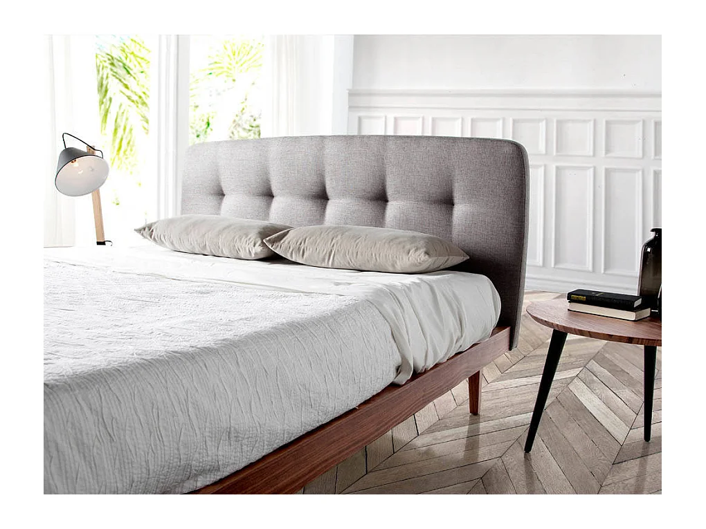 Cama de matrimonio 150x200 cm madera de nogal y cabecero de tela Noviza-Color DÚO 02