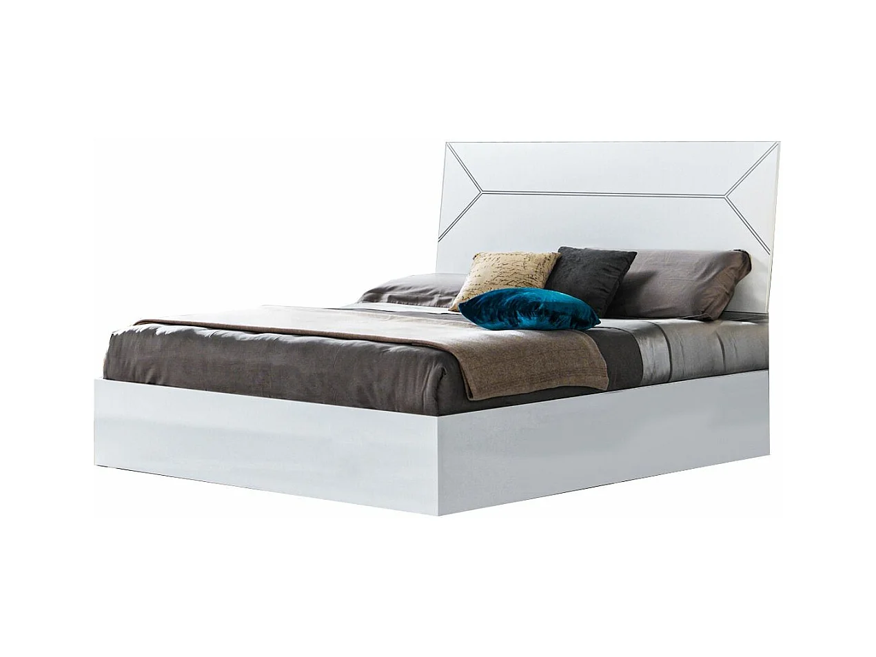 Lit design bois blanc laqué et tête de lit blanche laquée et argentée Diamanto-160x200