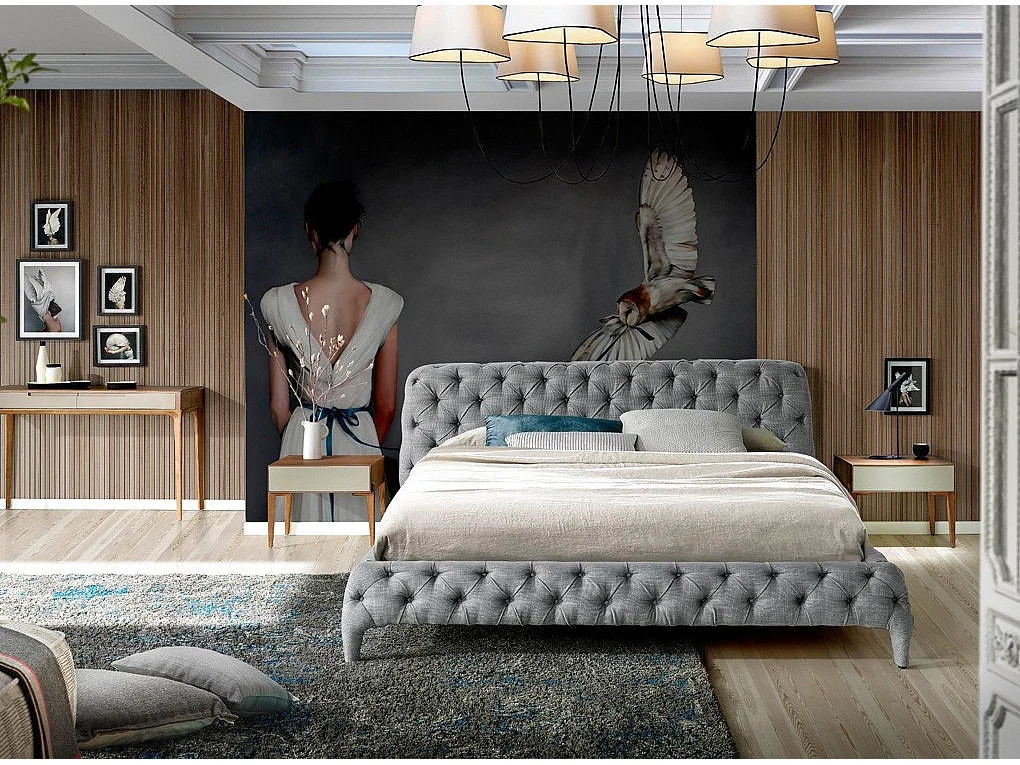 Lit double 180x200 capitonné tissu gris Kanza