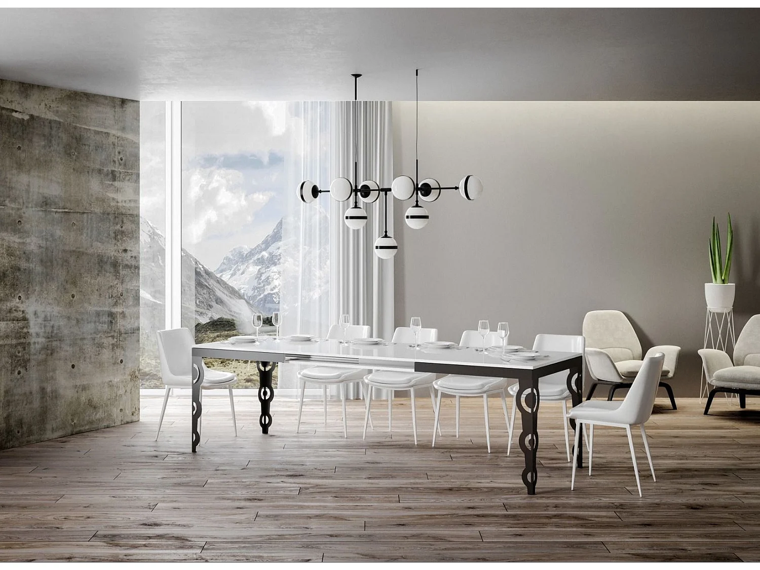 Table rectangulaire extensible orientale 6 à 20 personnes L 180 à 440cm blanc laqué et cadre métal anthracite Zakary