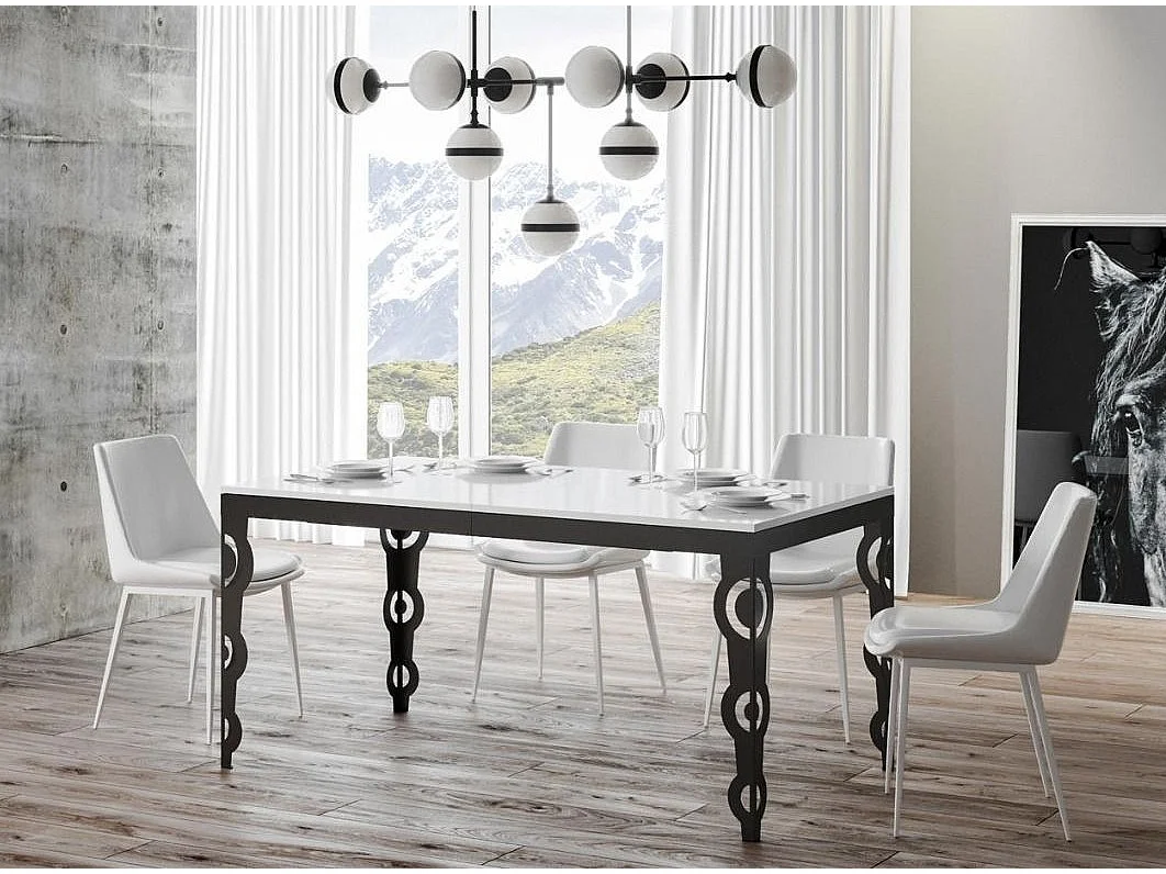 Table rectangulaire extensible orientale 6 à 20 personnes L 180 à 440cm blanc laqué et cadre métal anthracite Zakary