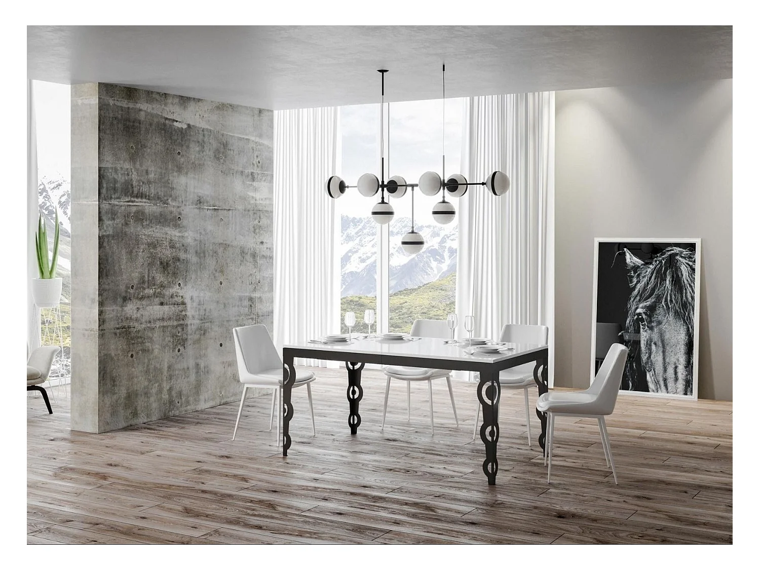 Table rectangulaire extensible orientale 6 à 20 personnes L 180 à 440cm blanc laqué et cadre métal anthracite Zakary