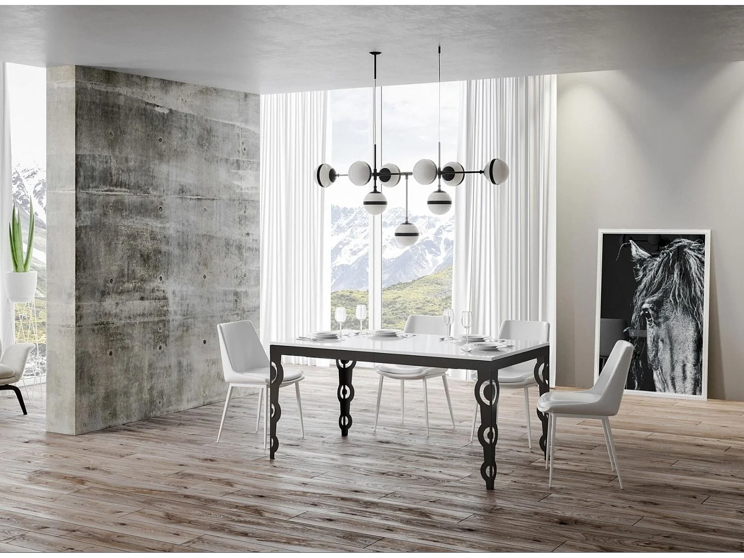 Table rectangulaire extensible orientale 6 à 20 personnes L 180 à 440cm blanc laqué et cadre métal anthracite Zakary