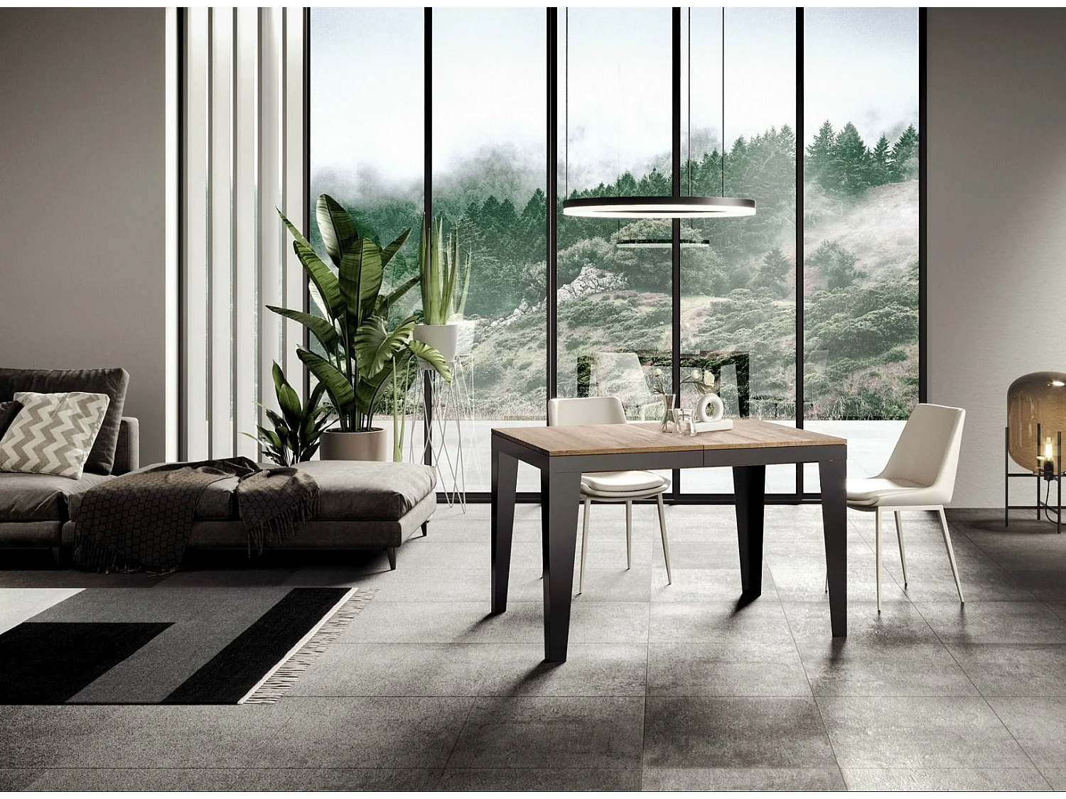 Table rectangulaire extensible 6 à 10 places L 120 à 224cm chêne clair et pieds acier gris foncé Flavien