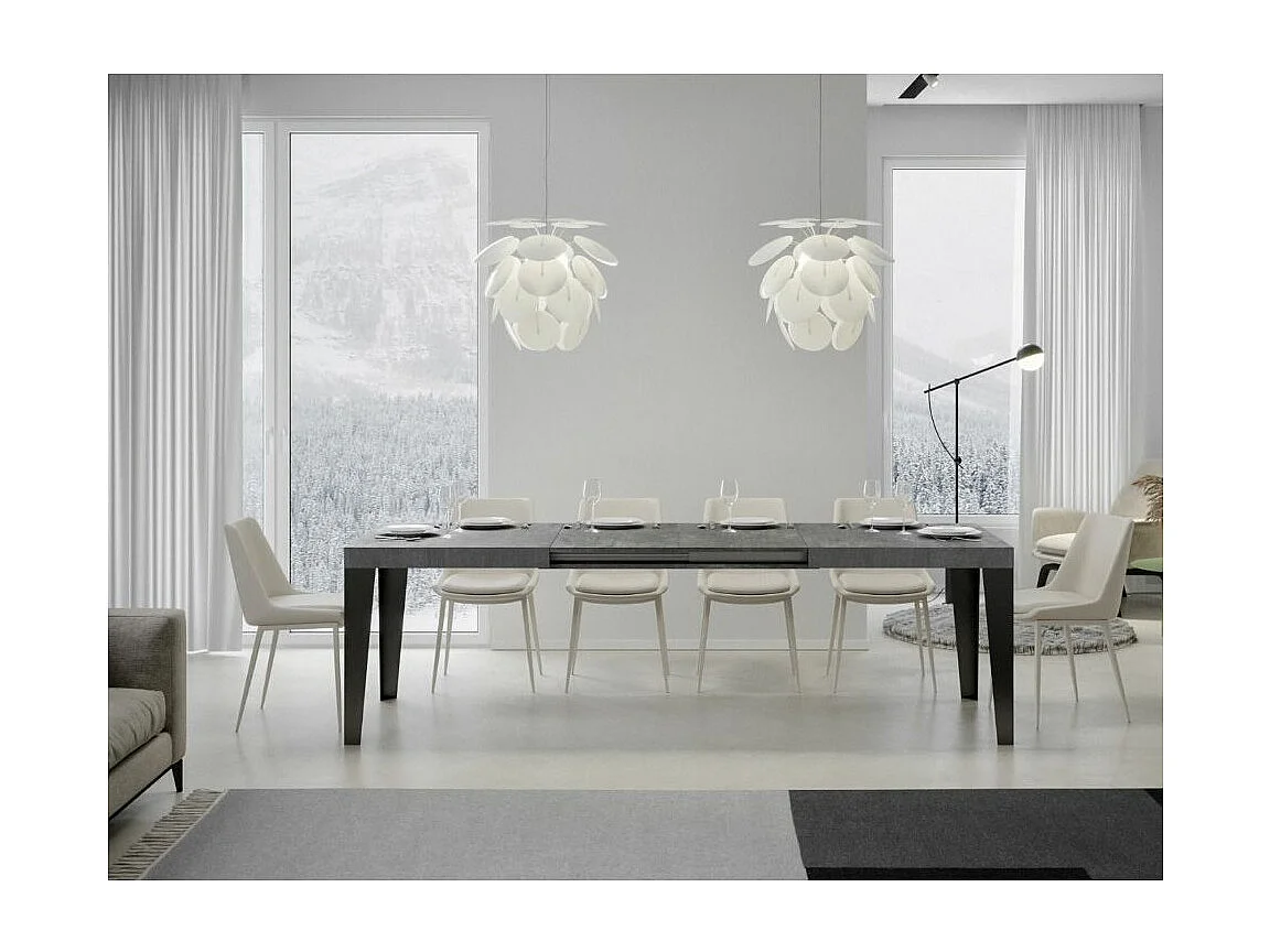 Table rectangulaire extensible 6 à 18 places L 130 à 390cm gris béton et pieds métal anthracite Flavio