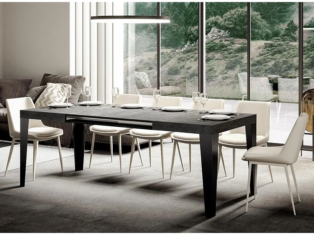 Table rectangulaire extensible 6 à 18 places L 130 à 390cm gris béton et pieds métal anthracite Flavio