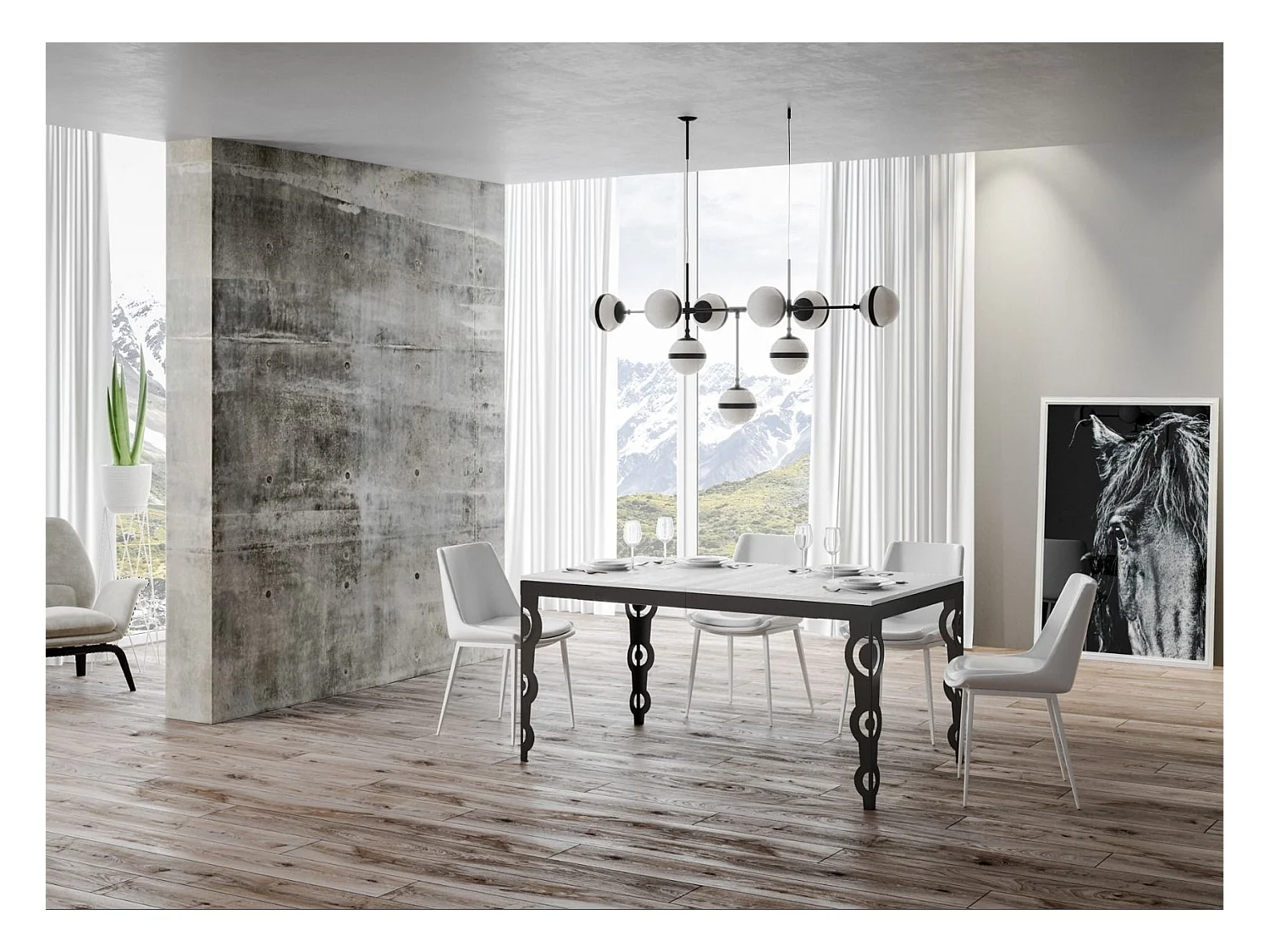Table rectangulaire extensible orientale 6 à 10 personnes L 120 à 224cm blanc et cadre métal anthracite Zakary