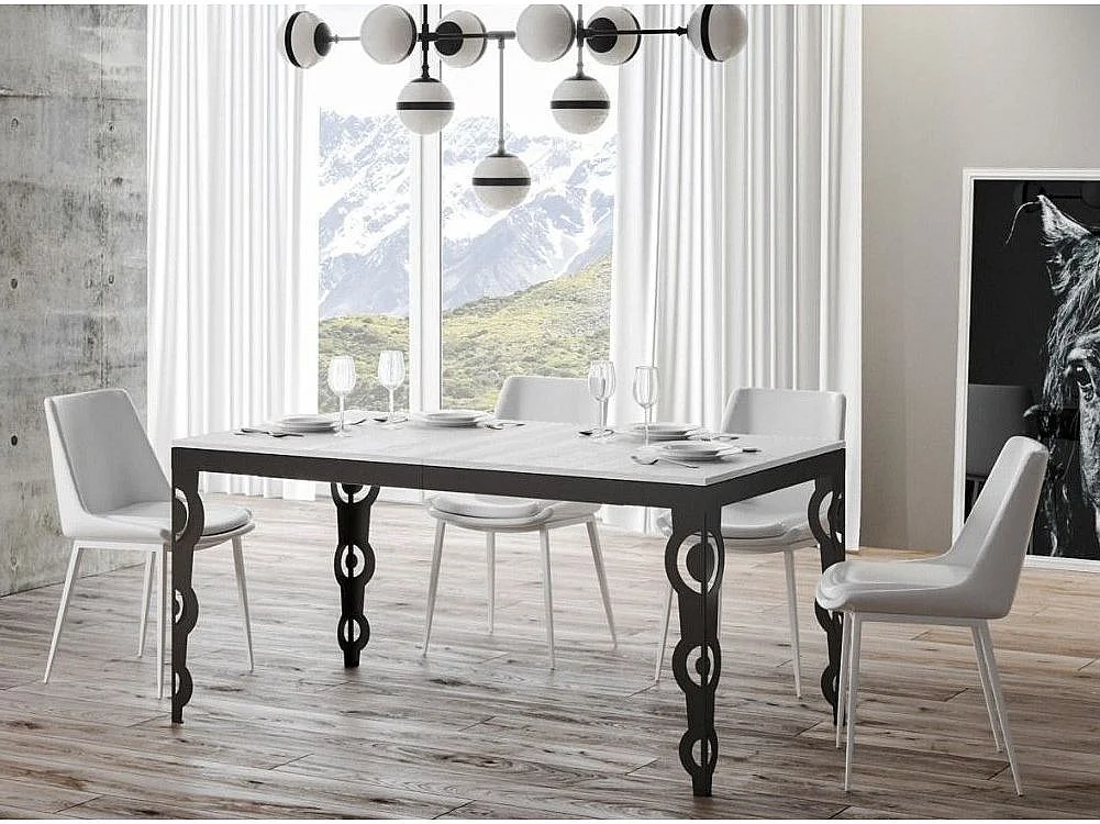Oosterse uitschuifbare rechthoekige tafel voor 6 tot 10 personen L 120 tot 224 cm wit en antraciet metalen frame Zakary