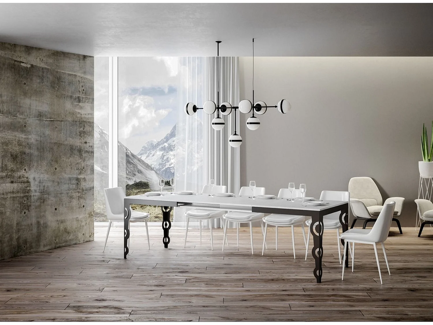 Oosterse uitschuifbare rechthoekige tafel voor 6 tot 10 personen L 120 tot 224 cm wit en antraciet metalen frame Zakary