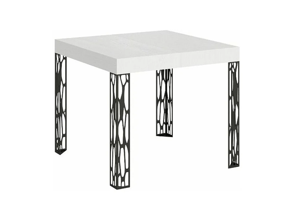 Petite table carrée 90-90cm extensible 10 personnes 90 à 246cm blanche et pieds métal gris foncé Gisa