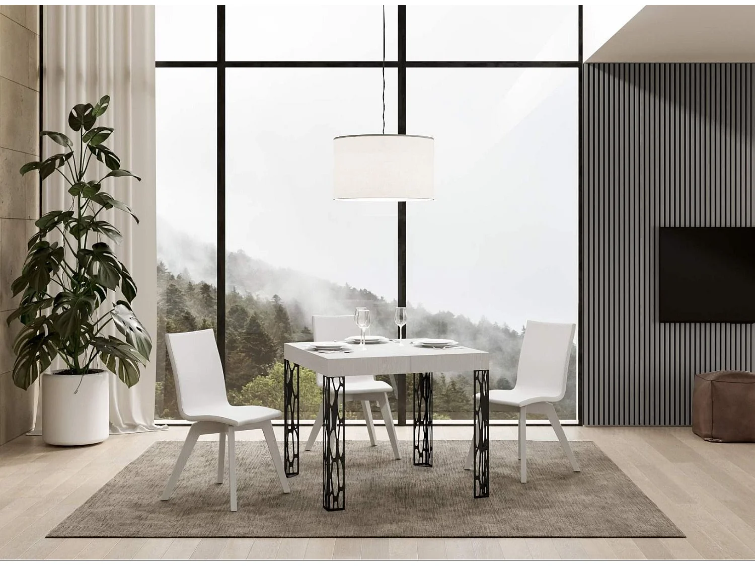 Petite table carrée 90-90cm extensible 10 personnes 90 à 246cm blanche et pieds métal gris foncé Gisa