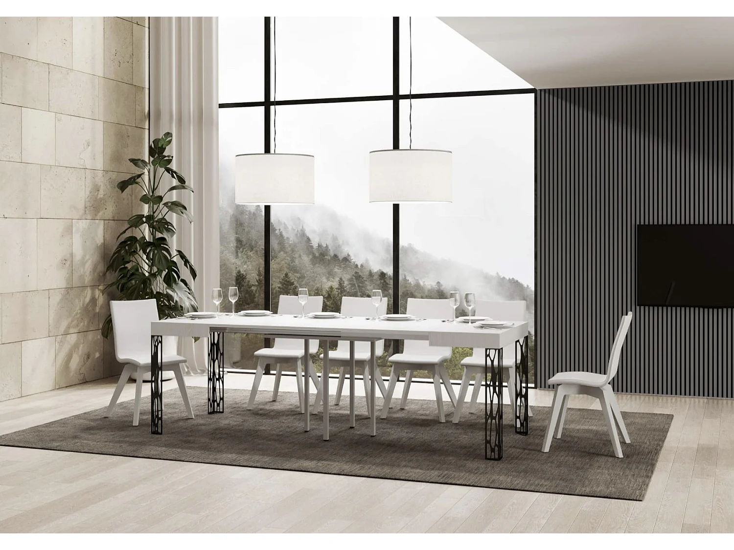 Petite table carrée 90-90cm extensible 10 personnes 90 à 246cm blanche et pieds métal gris foncé Gisa