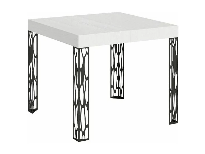 Petite table carrée 90-90cm extensible 10 personnes 90 à 246cm blanche et pieds métal gris foncé Gisa